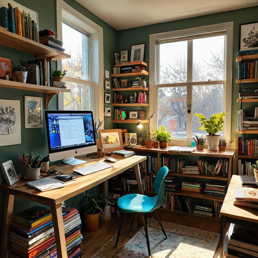 A vibrant digital workspace filled with colorful sketches, personal photographs, and eclectic art supplies; an open laptop displays a vivid storytelling platform with interactive elements. In the background, a cozy reading nook and shelves filled with creative books. Sunlight streams through a window, illuminating the scene, suggesting the power of personal narratives in digital form. super-realistic. vibrant colors. cozy atmosphere.