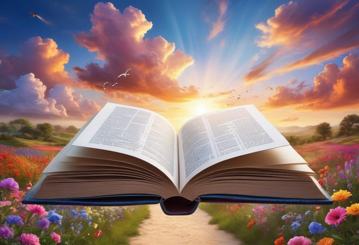 A whimsical landscape depicting a vibrant open book with pages swirling in the wind, surrounded by colorful flowers and playful creatures, symbolizing creativity and storytelling. In the background, a serene path leads to a tranquil sunset, representing the journey of personal growth and wisdom. The sky is filled with soft, dreamy clouds that reflect insightful quotes. super-realistic. vibrant colors. white background.